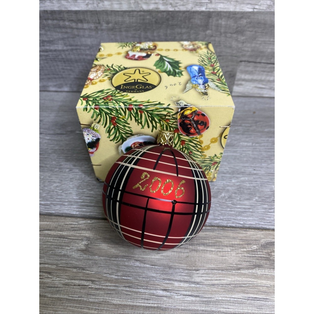 2006 Inge Germany Annual Blown Glass Plaid 3" Ball Christmas Ornament W/ Box